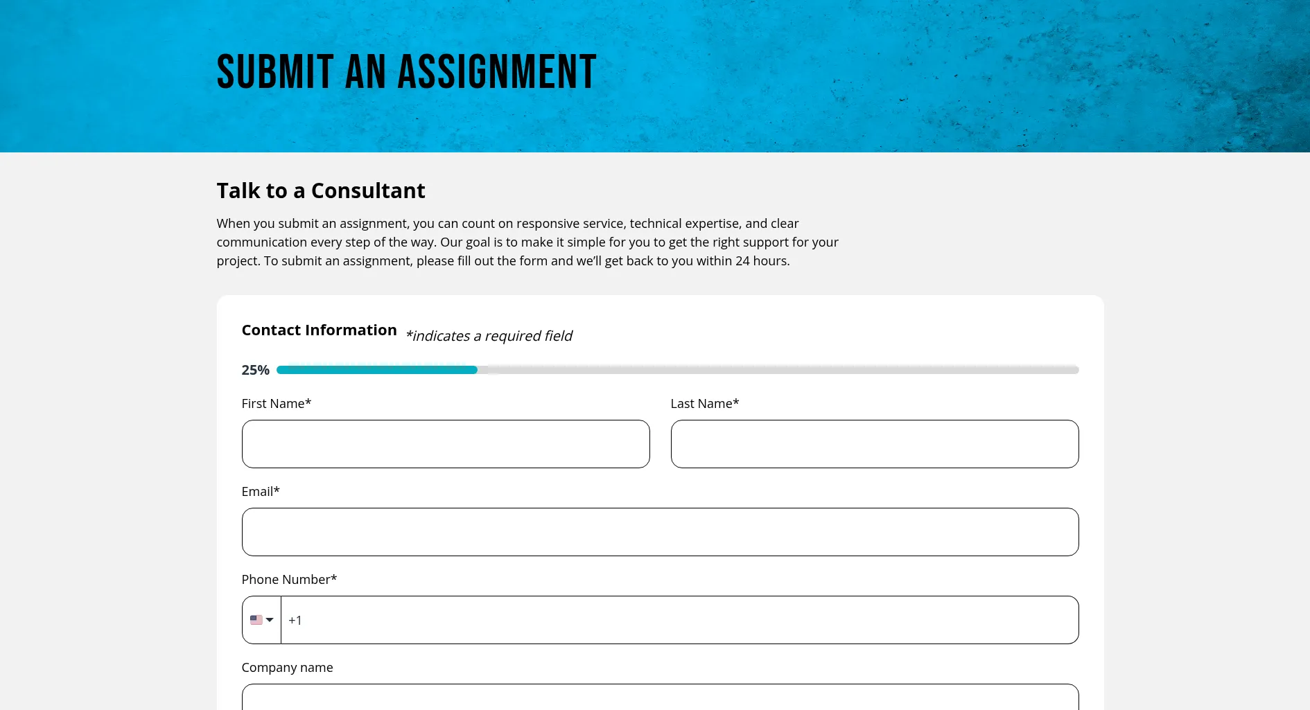 Lead intake form asking for contact details, company, and how the person heard about the firm.
