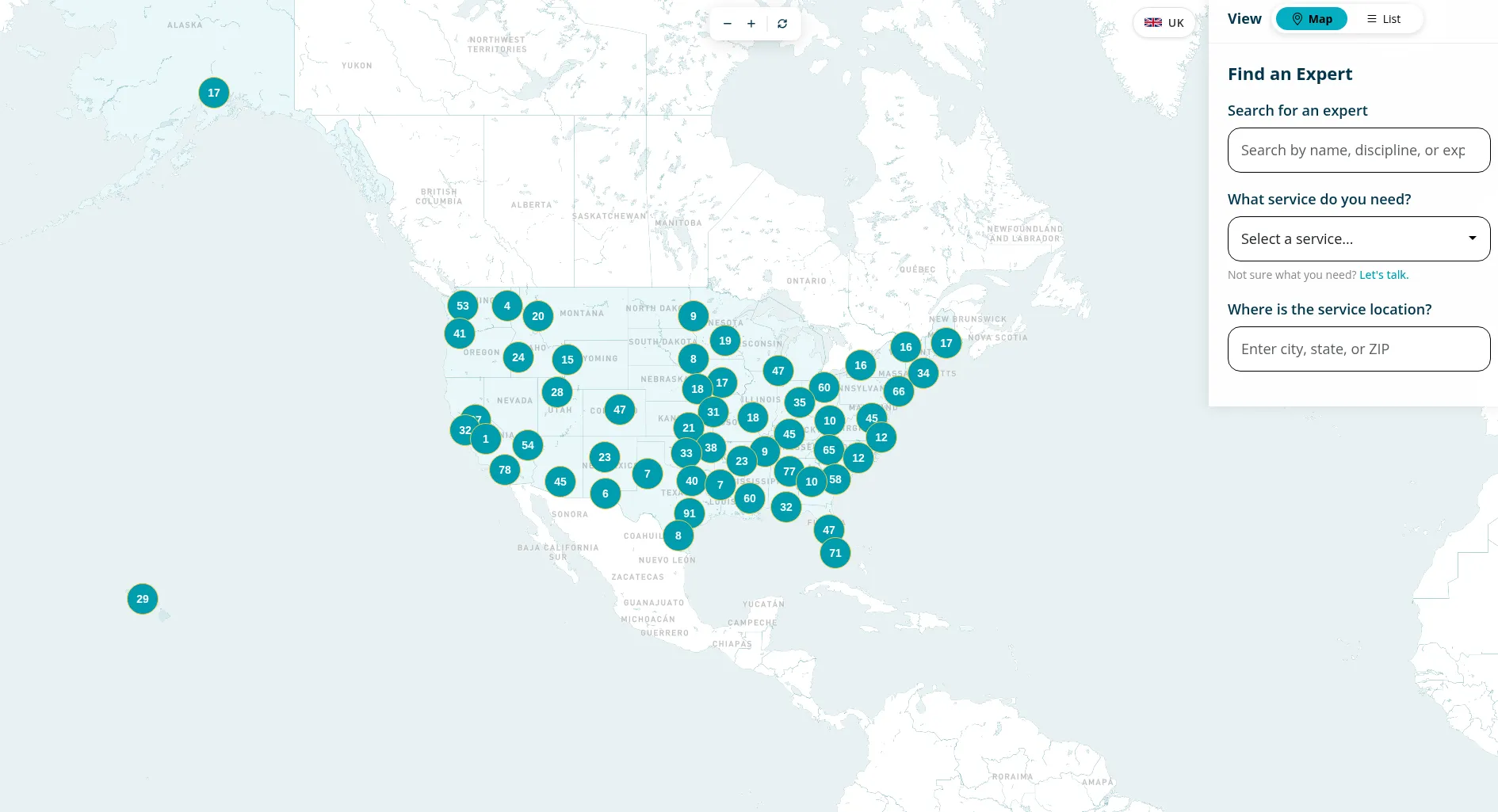 Map of the United States beside a scrollable list of experts. Personal details in the list are blurred.